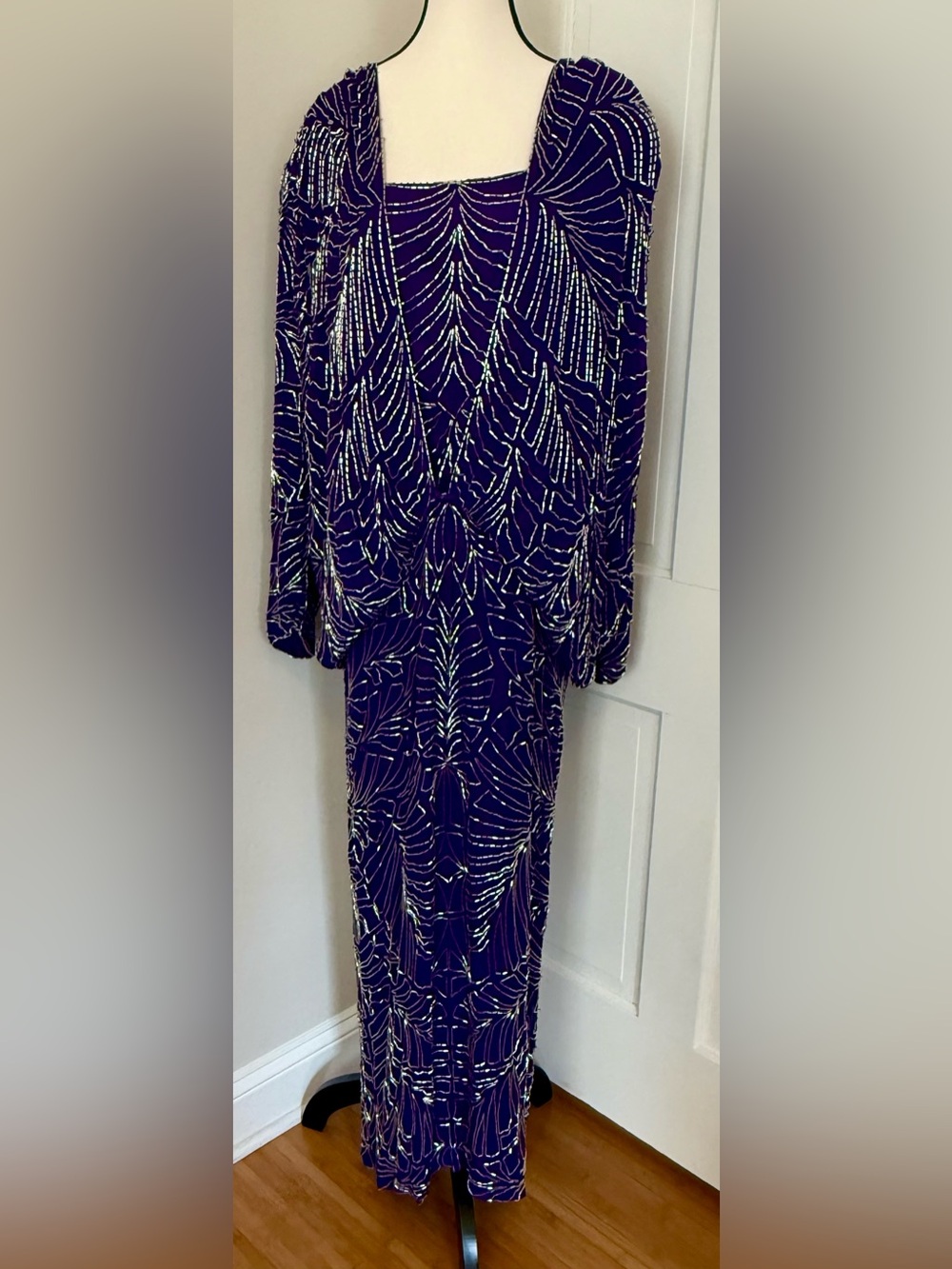 Purple Beaded Silk Maxi Dress with Art Deco Detailing-Stunning!